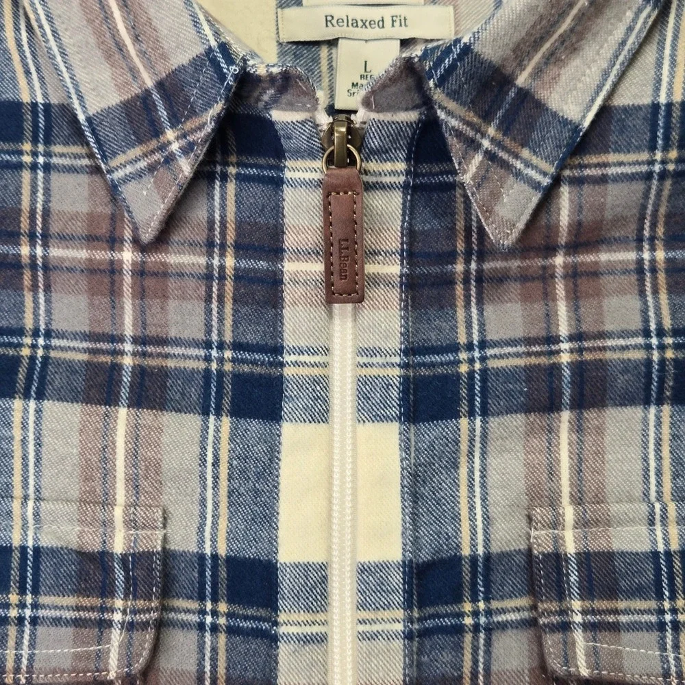 L.L.Bean Flannel Shirt Blue Brown Plaid Quarter Zip Soft Cotton Mens Large L